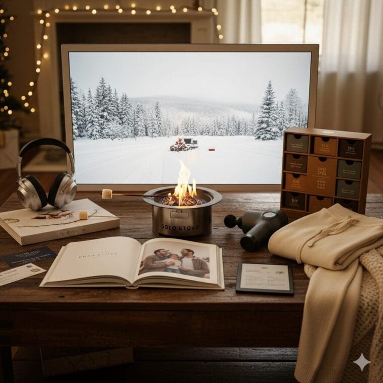 A cozy Christmas scene featuring a stone fireplace with a fire burning. A thick cedar garland adorned with lights and pinecones is draped across the mantel, secured by large burgundy velvet and tartan plaid ribbons. On the mantel sits a cluster of brass taper candle holders with lit white candles. Several festive glass ornaments, including a champagne bottle and a gingerbread house, hang from the garland. A cream-colored armchair is positioned next to the fireplace, draped with a red and green plaid throw blanket.