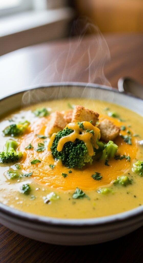 Creamy homemade broccoli cheese soup with melted cheddar