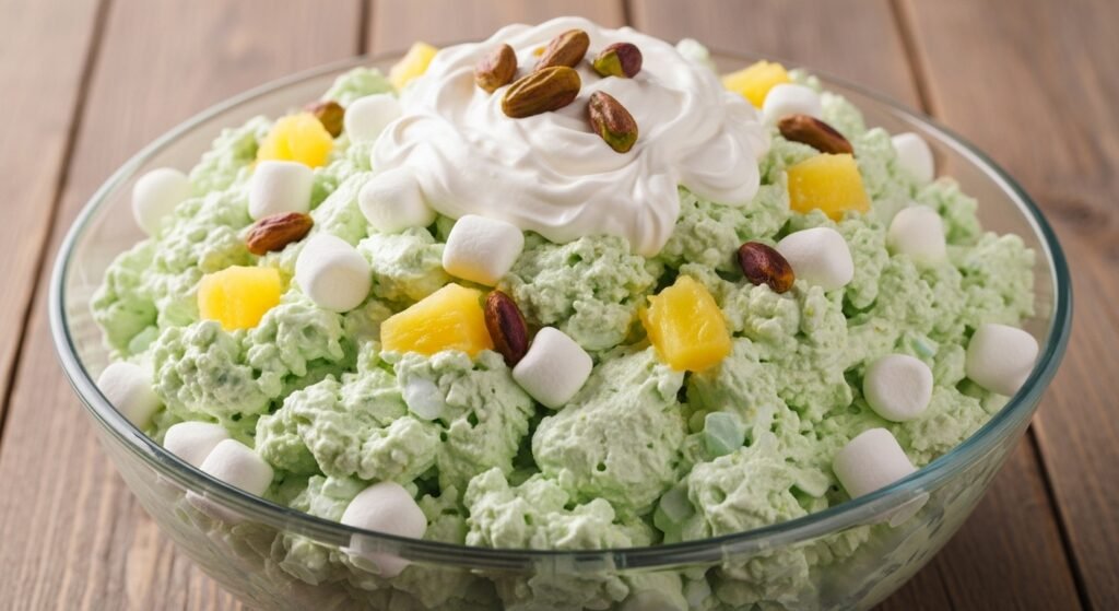 Fluffy pistachio dream whip salad made with pineapple marshmallows and whipped topping in serving bowl