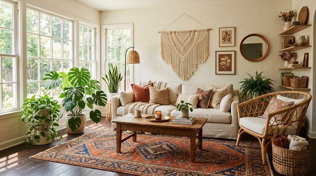 Cozy boho living room with houseplants, rattan furniture, vintage rug, and warm earth-tone decor."