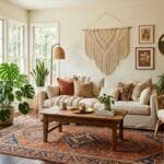 Cozy boho living room with houseplants, rattan furniture, vintage rug, and warm earth-tone decor."