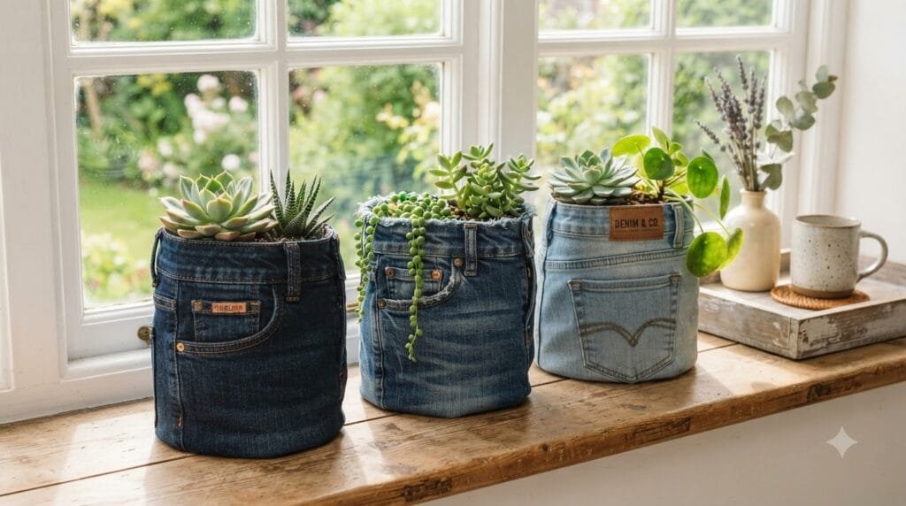 Three upcycled jean planters with green succulents displayed on a sunny windowsill.