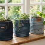 Three upcycled jean planters with green succulents displayed on a sunny windowsill.