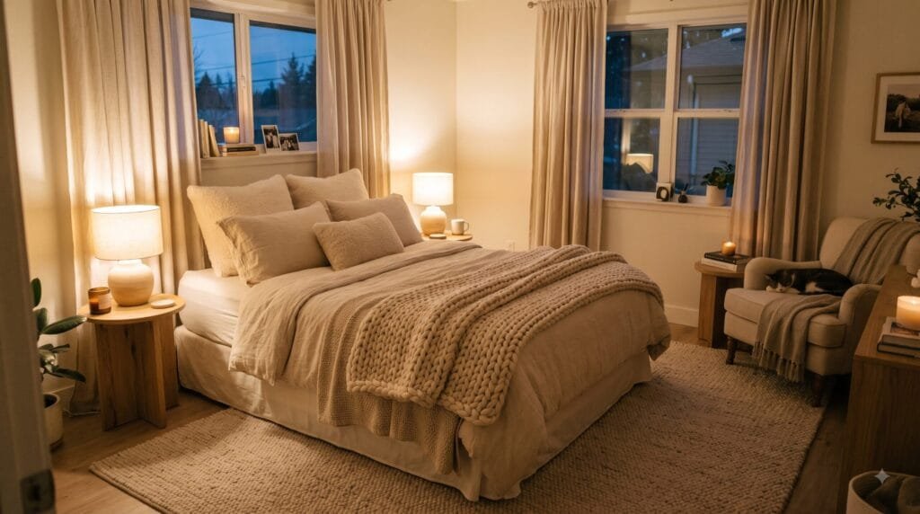 Cozy bedroom with layered neutral bedding, soft pillows, a knit blanket, warm bedside lighting, natural wood furniture, and a textured rug.