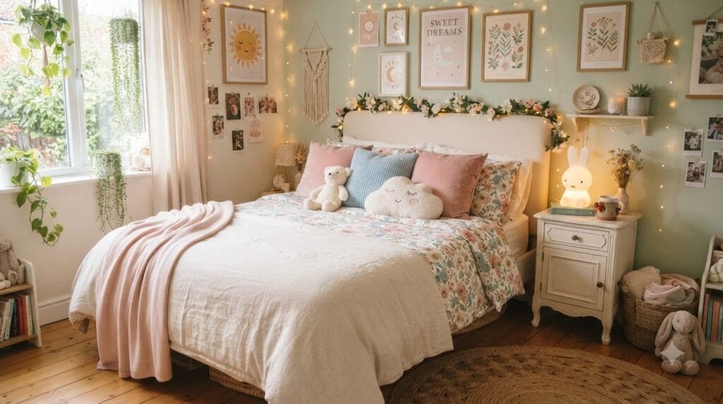 Dreamy cozy bedroom featuring cute core decor, playful colors, soft textiles, floral patterns, and warm ambient lighting.
