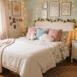 Dreamy cozy bedroom featuring cute core decor, playful colors, soft textiles, floral patterns, and warm ambient lighting.
