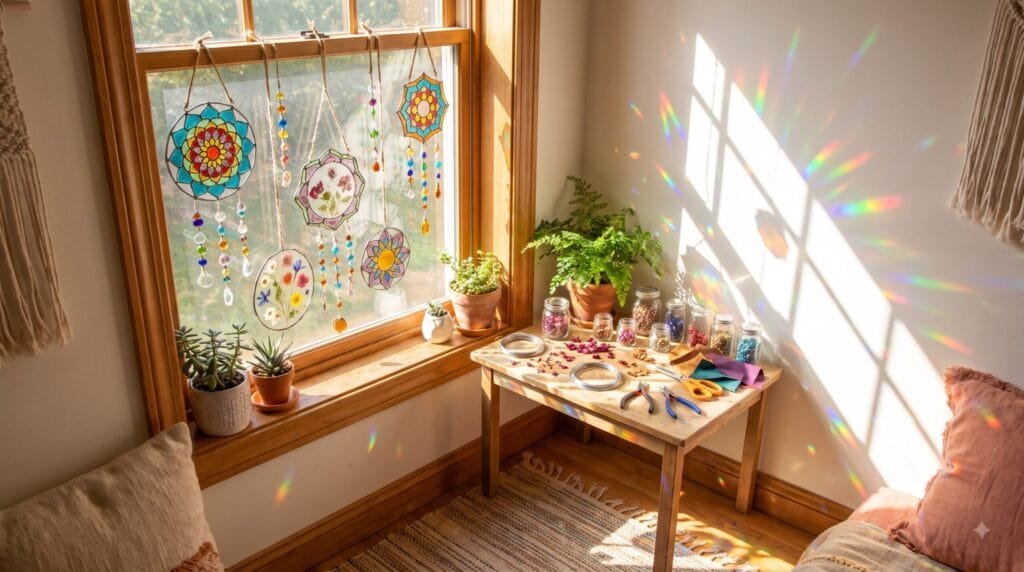 Colorful handmade DIY suncatchers hanging in a sunny window with bright rainbow light reflections.