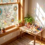 12 Beautiful DIY Suncatcher Crafts to Fill Your Windows With Color Colorful handmade DIY suncatchers hanging in a sunny window with bright rainbow light reflections.