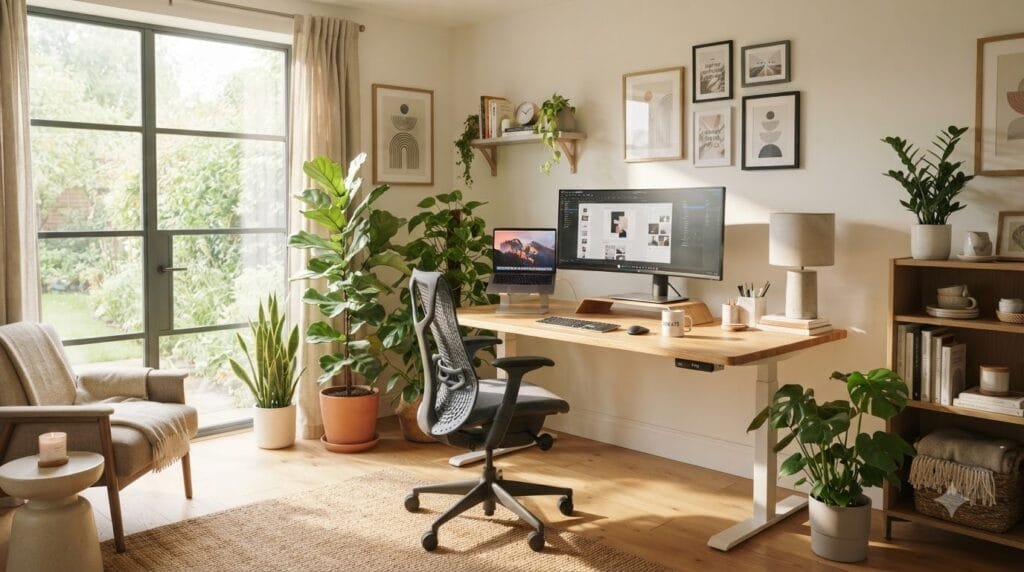 bright, modern, and creative home office setup designed with unique, ergonomic furniture.