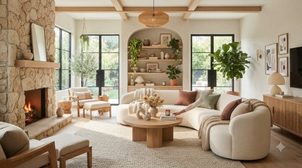 Warm modern living room showcasing 2026 home decor trends with a curved sectional sofa, light wood furniture, layered textiles, indoor plants, and cozy ambient lighting.