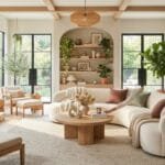 13 Home Decor Trends for 2026 That Create Warm, Modern, and Inviting Spaces Warm modern living room showcasing 2026 home decor trends with a curved sectional sofa, light wood furniture, layered textiles, indoor plants, and cozy ambient lighting.