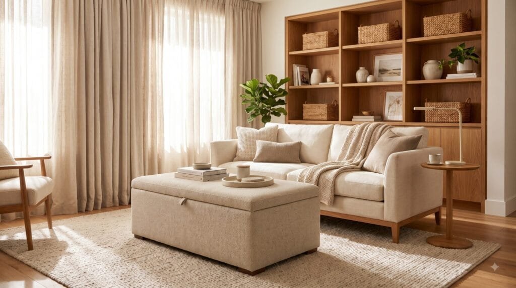 Bright and stylish living room with a neutral sofa, upholstered storage ottoman, light curtains, natural wood accents, and a cozy uncluttered layout.