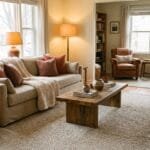 Cozy living room with a beige sofa, terracotta cushions, soft blankets, warm lighting, natural wood furniture, and woven decor.