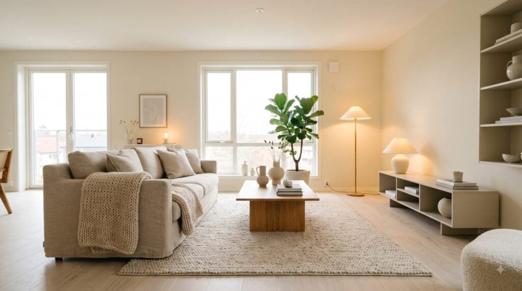 Warm minimalist Scandinavian living room with a neutral sofa, natural wood furniture, soft textiles, textured rug, and cozy natural decor.