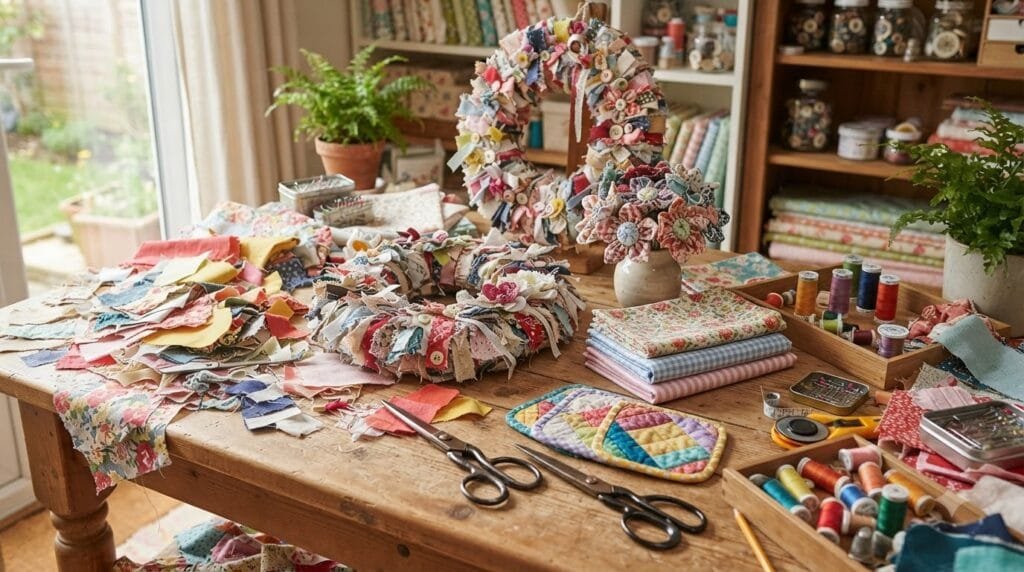 Colorful fabric scraps and easy handmade fabric crafts including a wreath, flowers, coasters, and napkins on a cozy craft table.