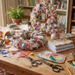 7 Beginner-Friendly Fabric Scrap Projects for Your Home Colorful fabric scraps and easy handmade fabric crafts including a wreath, flowers, coasters, and napkins on a cozy craft table.