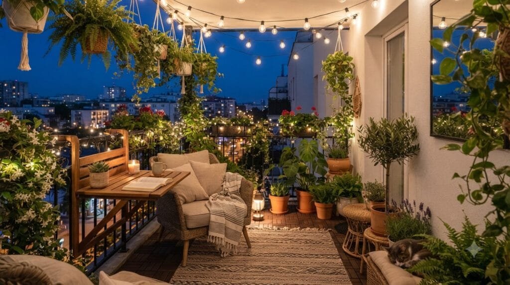 Narrow balcony decorated with hanging planters, string lights, and space-saving furniture.