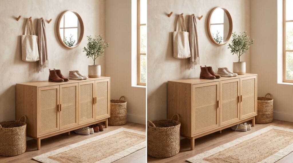 Stylish organized entryway with a wooden shoe storage cabinet, neatly arranged shoes, a round mirror, baskets, and natural decor.