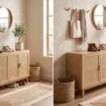 Stylish organized entryway with a wooden shoe storage cabinet, neatly arranged shoes, a round mirror, baskets, and natural decor.