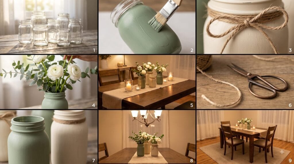 DIY decorated dining room with a wooden table, painted glass jar flower vases, handmade decor, greenery, and warm natural details.