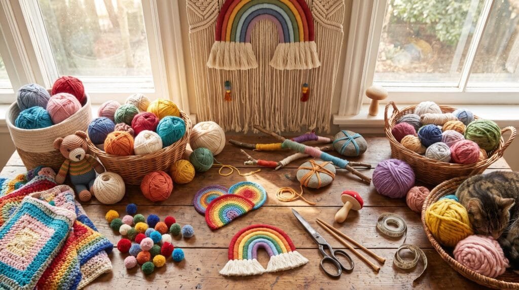 Colorful DIY yarn crafts including woven coasters, pom-poms, crochet projects, and yarn decorations on a wooden craft table.