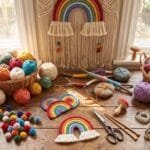 9 Creative Yarn Crafts to Add Color and Texture to Your Home Colorful DIY yarn crafts including woven coasters, pom-poms, crochet projects, and yarn decorations on a wooden craft table.