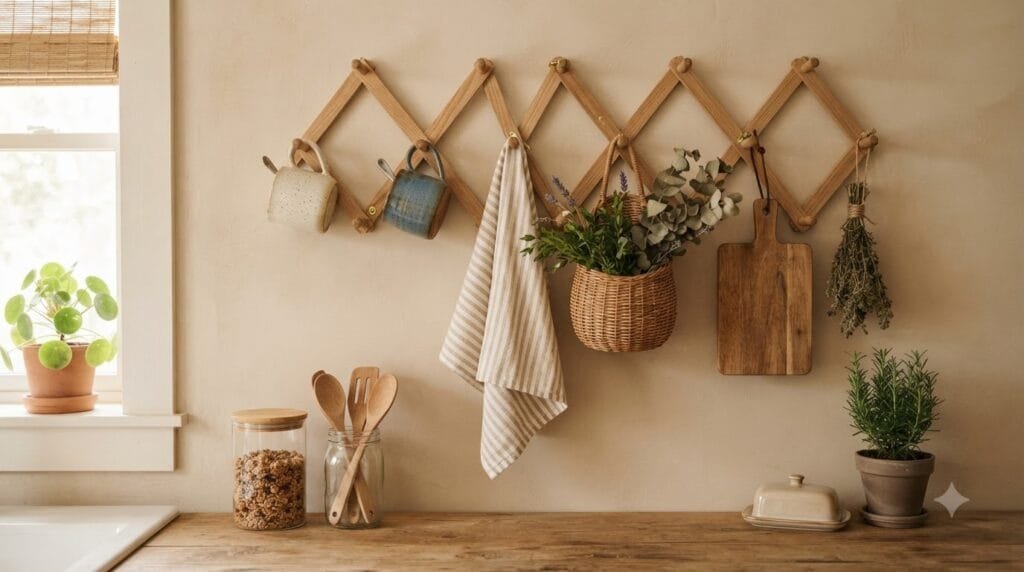 Wooden accordion peg rack styled with mugs, a linen towel, wicker basket, dried greenery, and a cutting board in a cozy farmhouse kitchen.