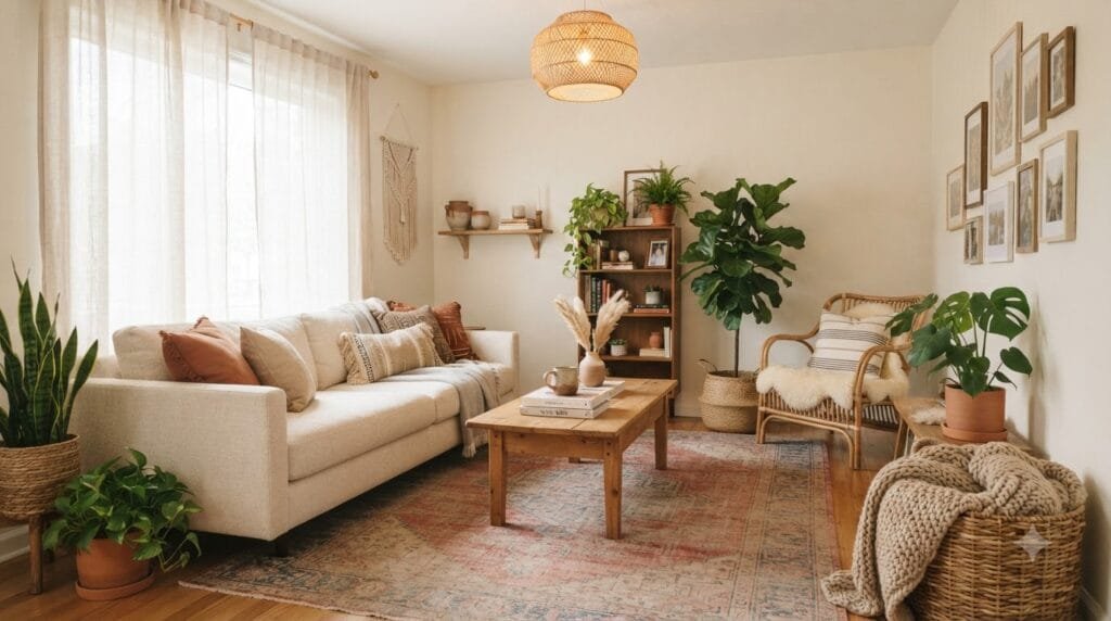 Cozy boho living room with a cream sofa, patterned rug, rattan chair, natural wood coffee table, houseplants, woven baskets, and warm earthy decor.