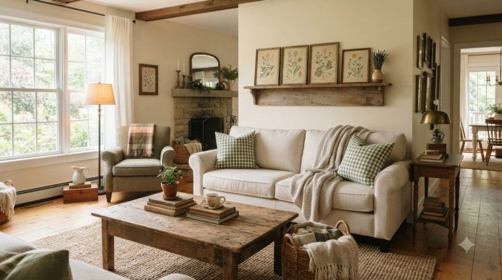 Cozy country living room with rustic wood furniture, gingham pillows, vintage decor, and warm lighting
