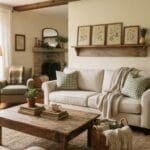 Cozy country living room with rustic wood furniture, gingham pillows, vintage decor, and warm lighting