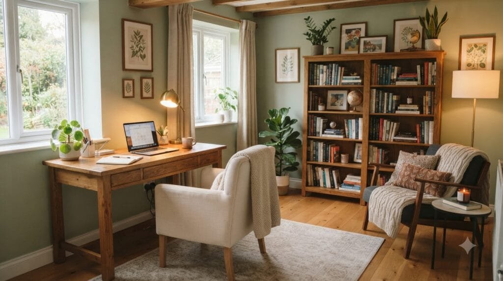 Cozy home office with a warm wood desk, upholstered chair, soft neutral rug, wooden bookcase, warm desk lamp, accent chair, knit throw blanket, plants, and inviting home office decor.