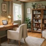 Cozy home office with a warm wood desk, upholstered chair, soft neutral rug, wooden bookcase, warm desk lamp, accent chair, knit throw blanket, plants, and inviting home office decor.