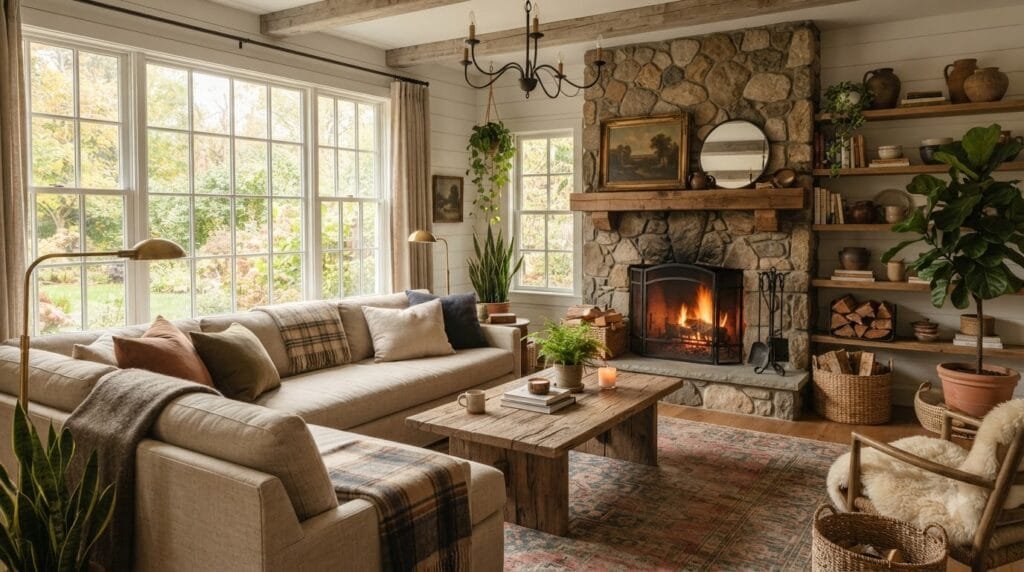 Cozy rustic living room with a sectional sofa, reclaimed wood coffee table, and stone fireplace.