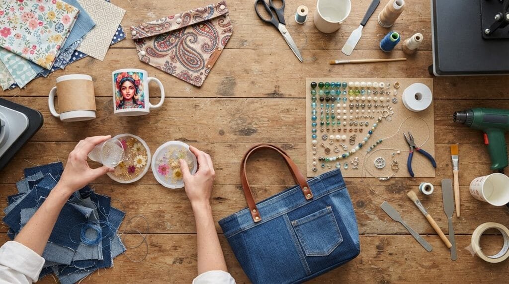 Beginner-friendly DIY craft projects displayed with craft supplies and finished handmade products.