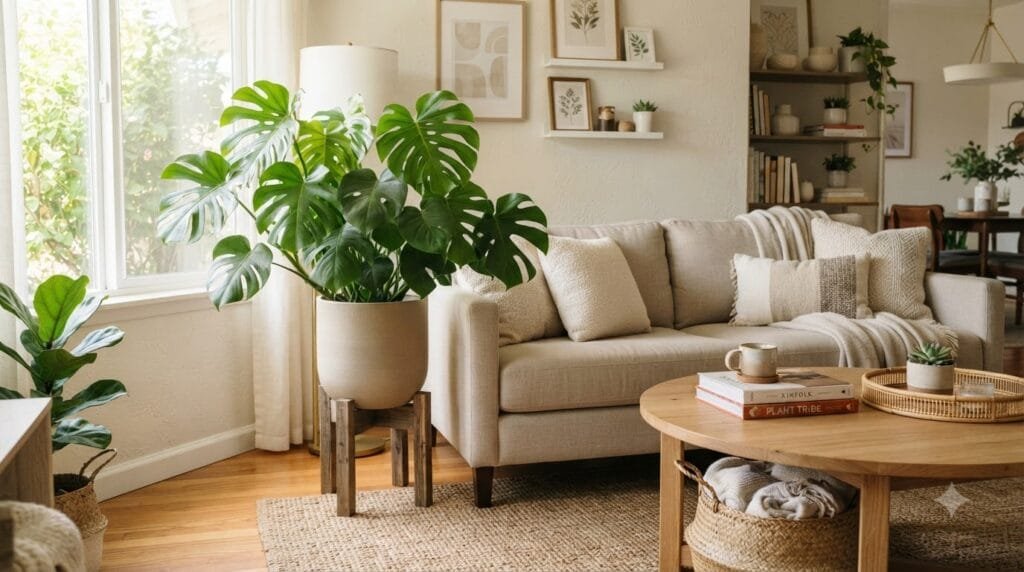 Large Monstera deliciosa adding tropical style to a cozy living room