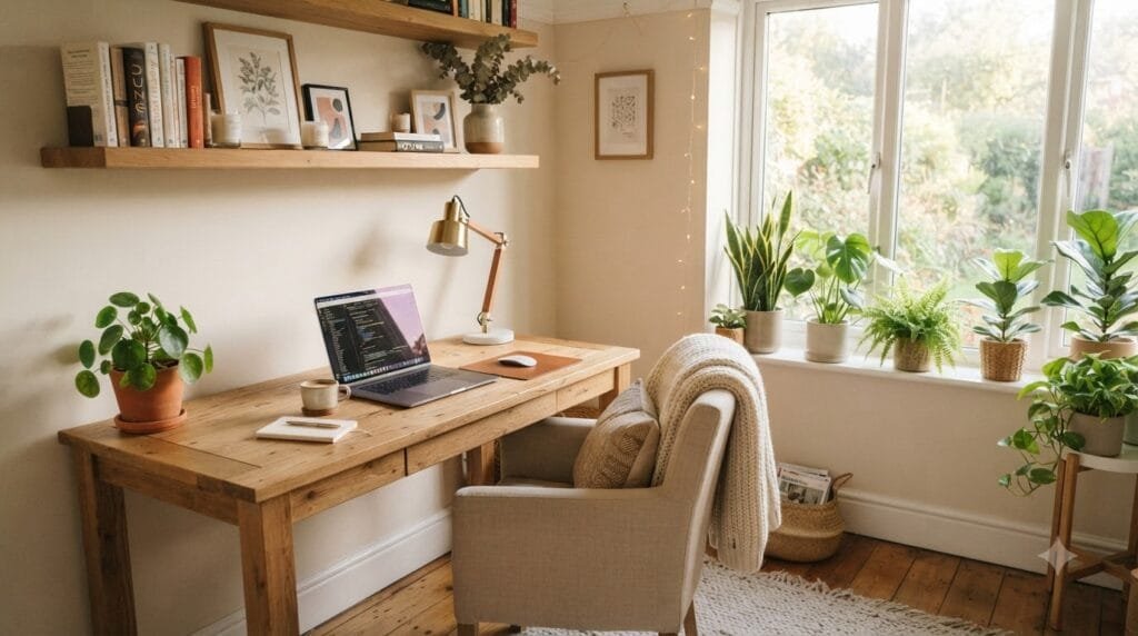 Cozy home office with warm wood furniture, comfortable seating, soft lighting, indoor plants, and practical storage.