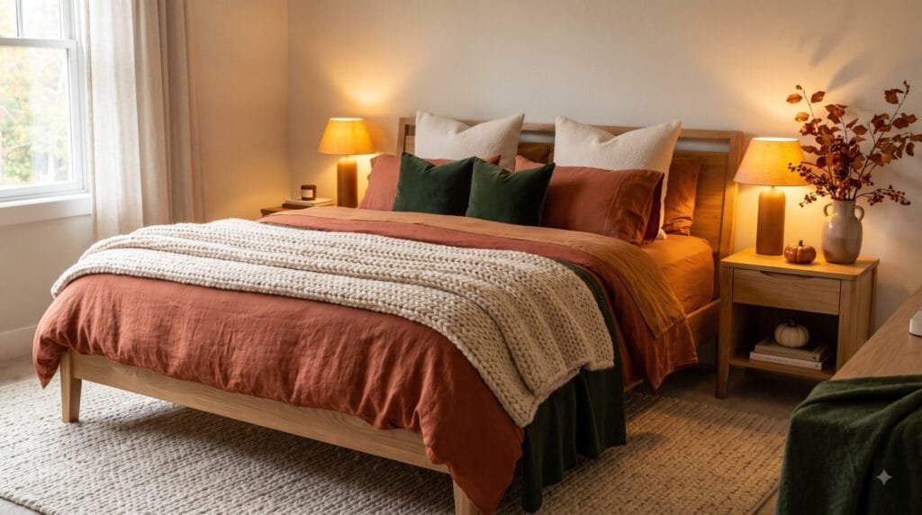 Cozy fall bedroom with layered terracotta and rust bedding, cream pillows, warm lighting, natural wood furniture, and autumn decor.