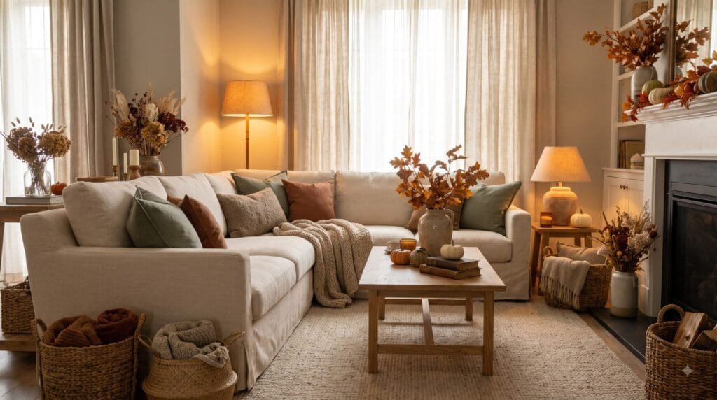 Cozy fall living room with a cream sofa, sage and rust cushions, warm lighting, natural wood furniture, and autumn decor.
