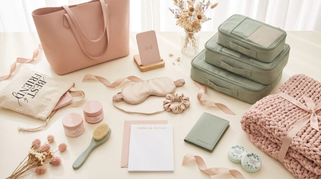 Ten thoughtful gift ideas for best friends, including tote bags, travel accessories, stationery, cozy blankets, and self-care gifts arranged on a neutral table.