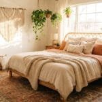 20 Boho Bedroom Ideas for a Cozy and Stylish Retreat Cozy boho bedroom with a rattan bed, layered neutral bedding, patterned rug, plants, and natural wood decor.