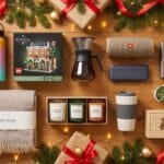 10 Christmas Gift Ideas for Friends Under $50 🎁 Ten affordable Christmas gift ideas for friends arranged on a festive table with holiday greenery, wrapped presents, and warm lights.