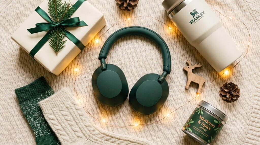 Christmas gift ideas for a male best friend featuring headphones, a gaming controller, a travel mug, and wrapped presents.