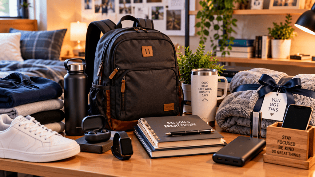 College gift ideas for a brother from his sister arranged in a cozy dorm room, including a durable backpack, water bottle, earbuds, smartwatch, notebooks, travel mug, cozy blanket, shoes, tech accessories, and desk organizer.