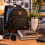 College gift ideas for a brother from his sister arranged in a cozy dorm room, including a durable backpack, water bottle, earbuds, smartwatch, notebooks, travel mug, cozy blanket, shoes, tech accessories, and desk organizer.