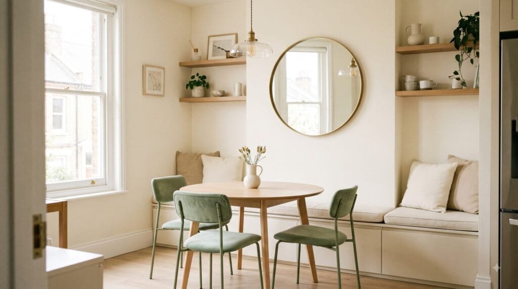 Small stylish dining room with a round table, storage bench, wall mirror, compact chairs, and space-saving decor.