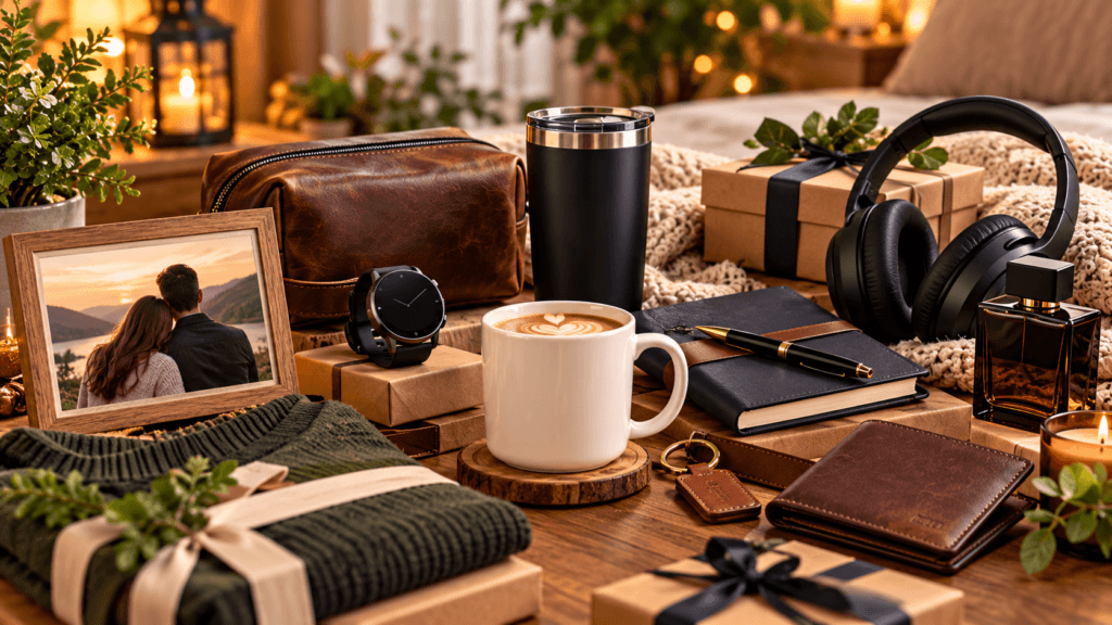 Thoughtful gifts for a husband from his wife arranged on a warm wooden table, including a coffee mug, leather accessories, smartwatch, headphones, journal, wallet, cologne, wrapped gifts, and a framed couple photo.