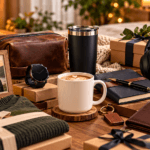 Thoughtful gifts for a husband from his wife arranged on a warm wooden table, including a coffee mug, leather accessories, smartwatch, headphones, journal, wallet, cologne, wrapped gifts, and a framed couple photo.
