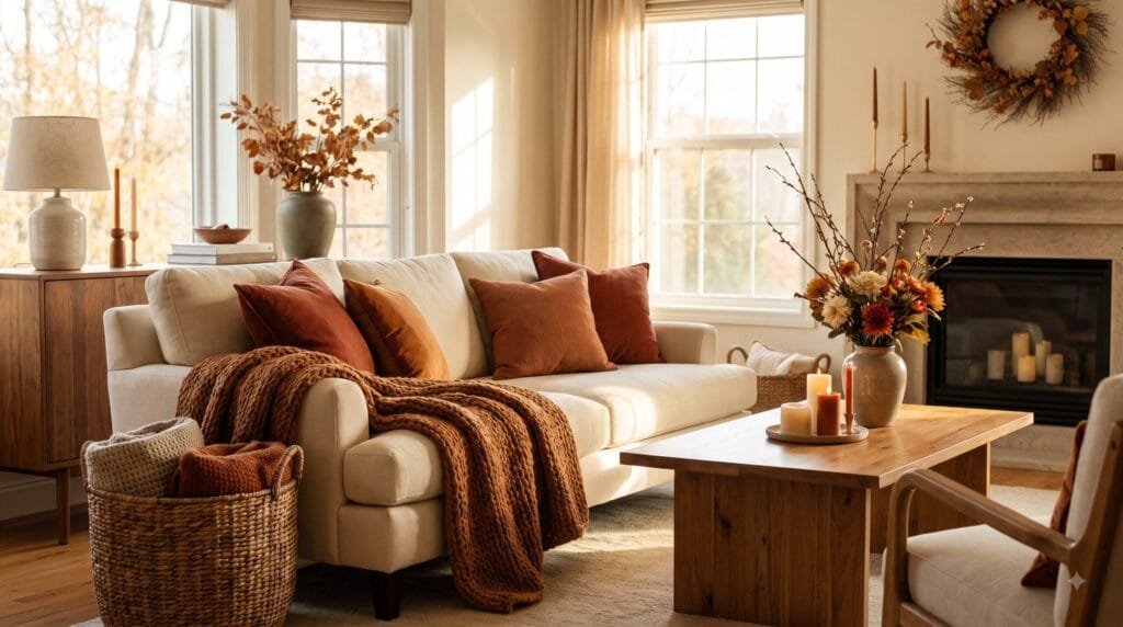 Cozy fall living room decorated with warm autumn colors, candles, seasonal flowers, textured throws, and natural accents.