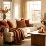 Cozy fall living room decorated with warm autumn colors, candles, seasonal flowers, textured throws, and natural accents.