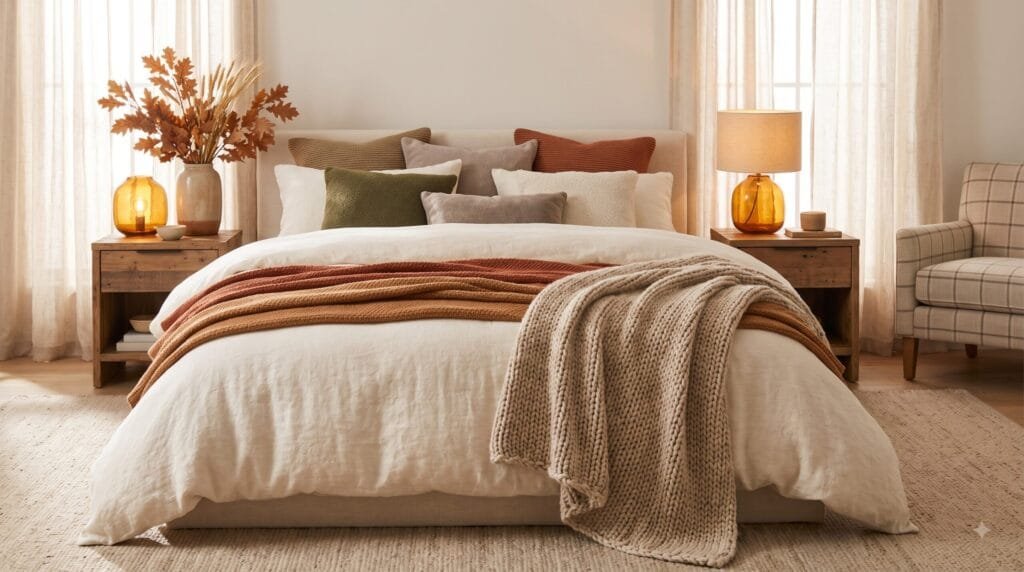 Cozy fall bedroom with layered cream and rust bedding, warm bedside lamps, natural wood furniture, and soft autumn decor.